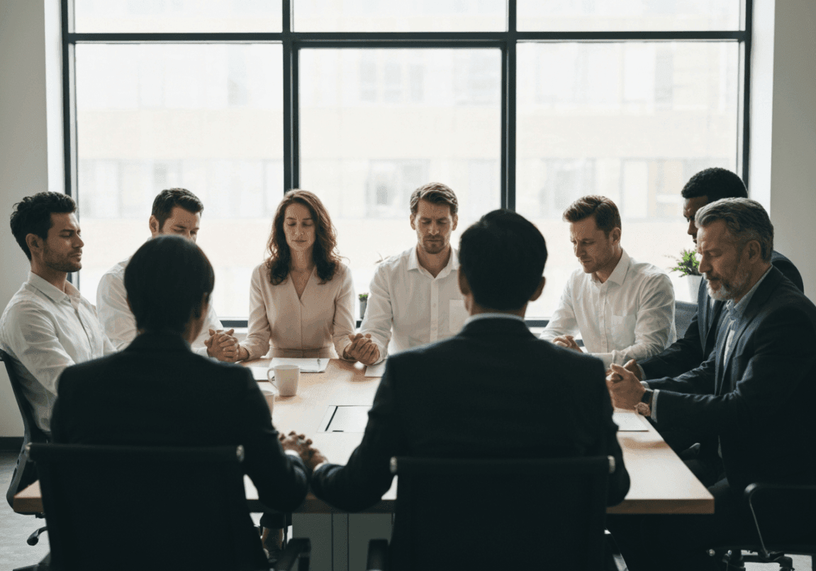 Diverse business team in prayer, showcasing unity and faith