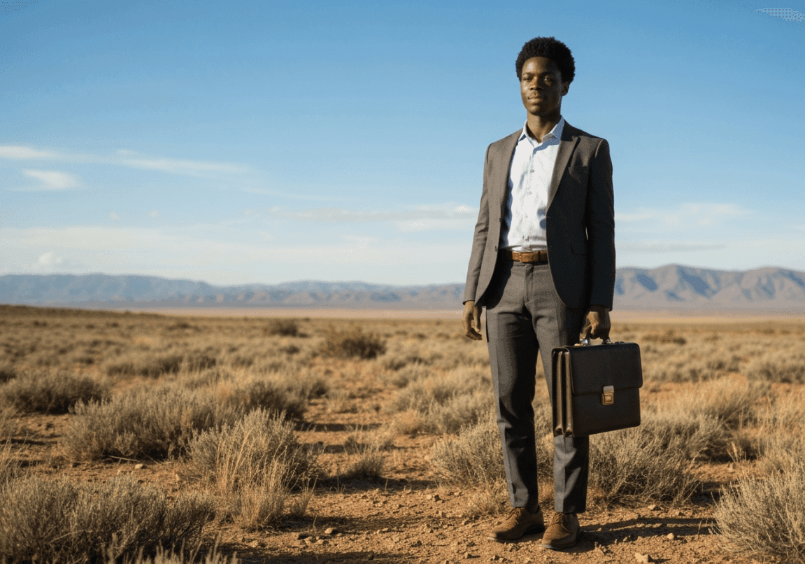 Business person in a wilderness landscape, symbolizing faith and perseverance