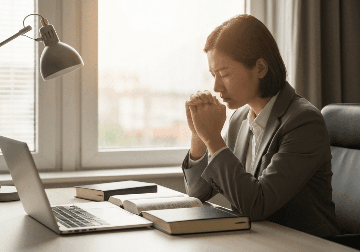 Business professional praying at desk, with laptop and Bible nearby.