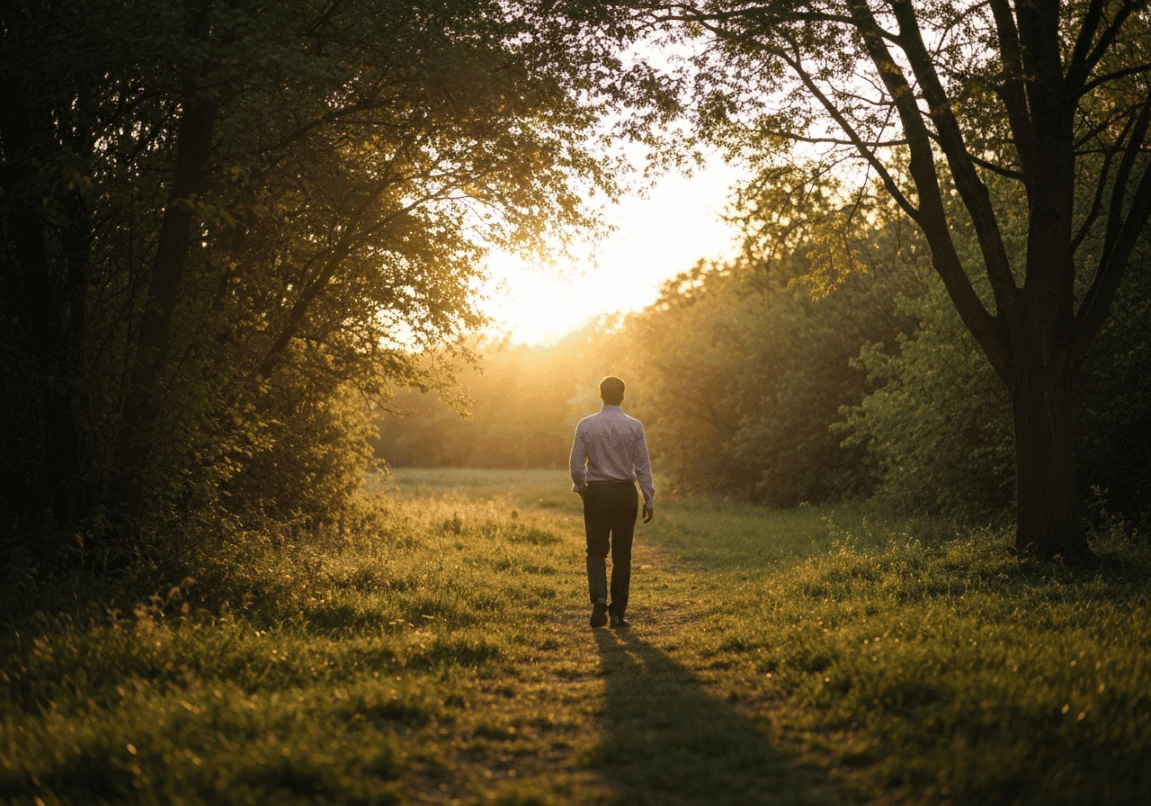 Business leader walking in a park at sunset, reflecting quietly.