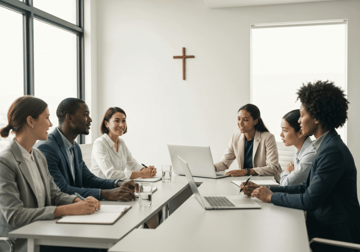 Diverse business leaders in a meeting, cross visible on the wall.