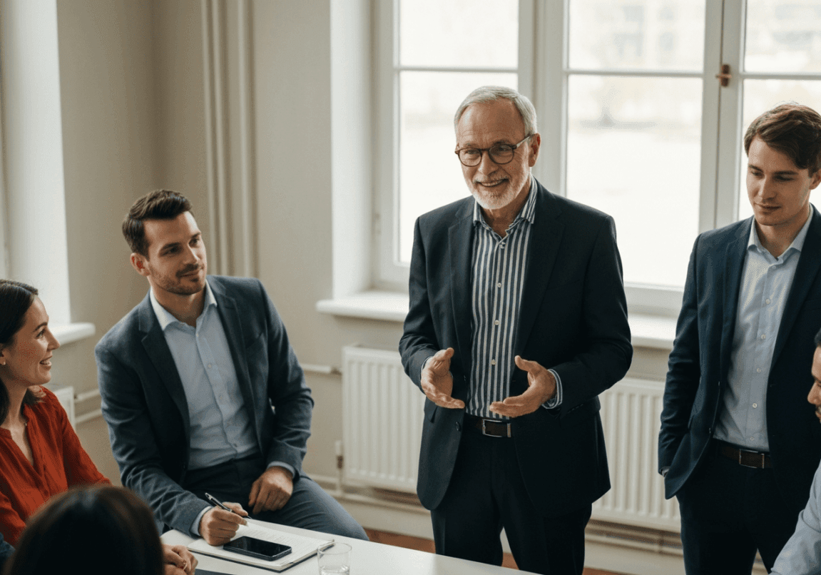Business leader addressing team in a boardroom with focus on integrity