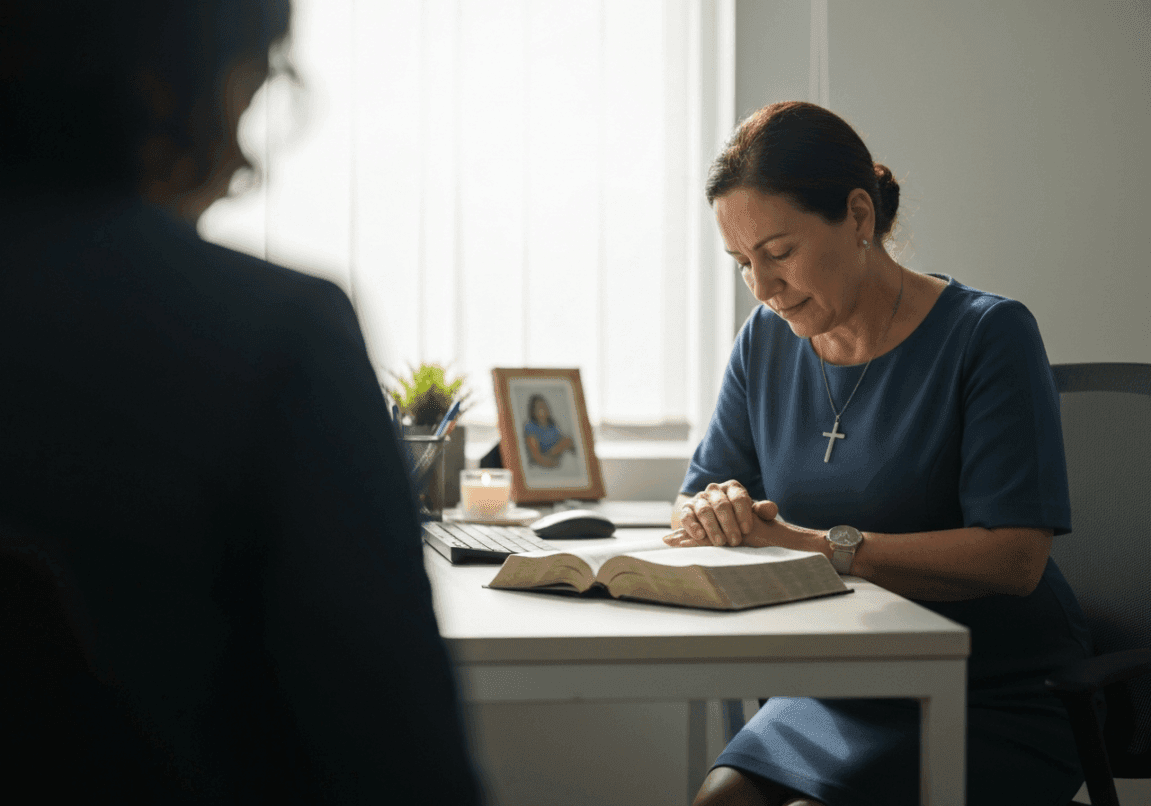 Person praying at a desk with an open Bible in a peaceful office.