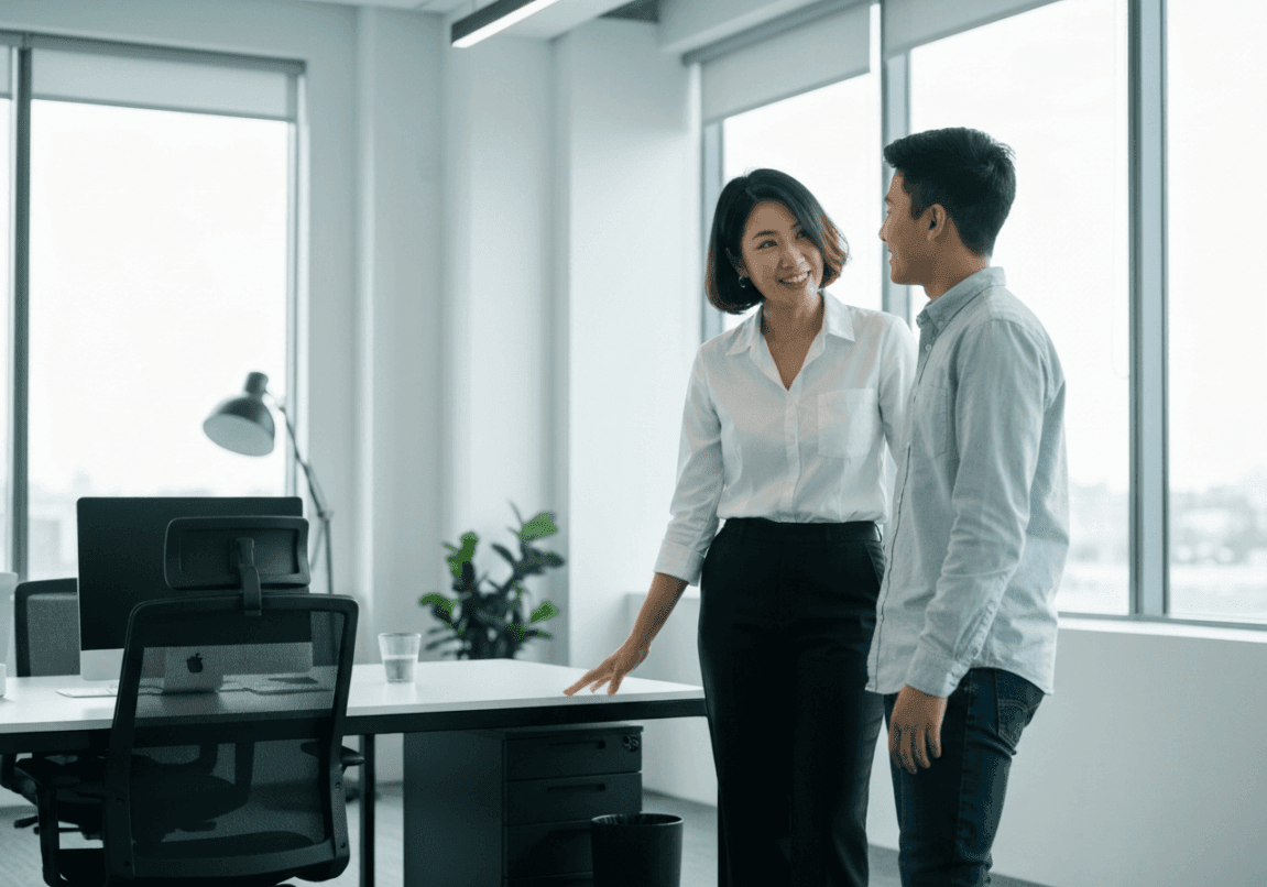 A mentor guiding a mentee in a professional office setting to implement excellence.