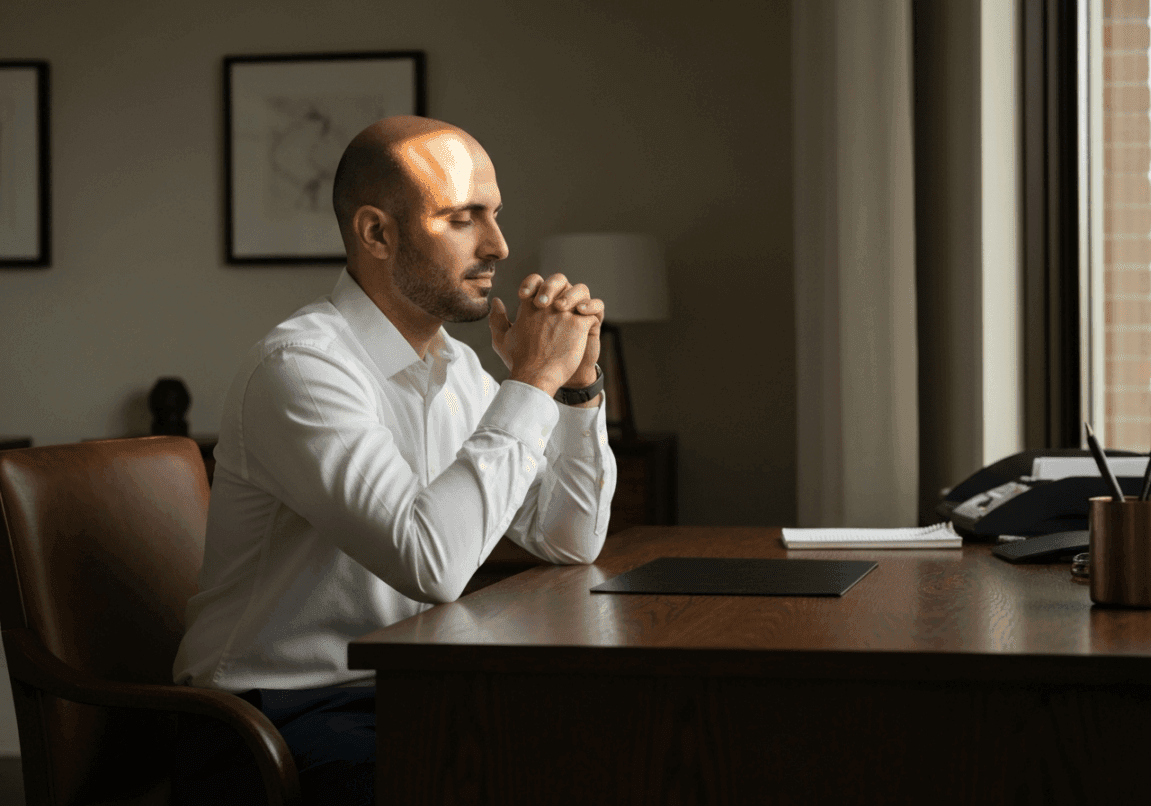 Entrepreneur engaged in spiritual reflection at their desk