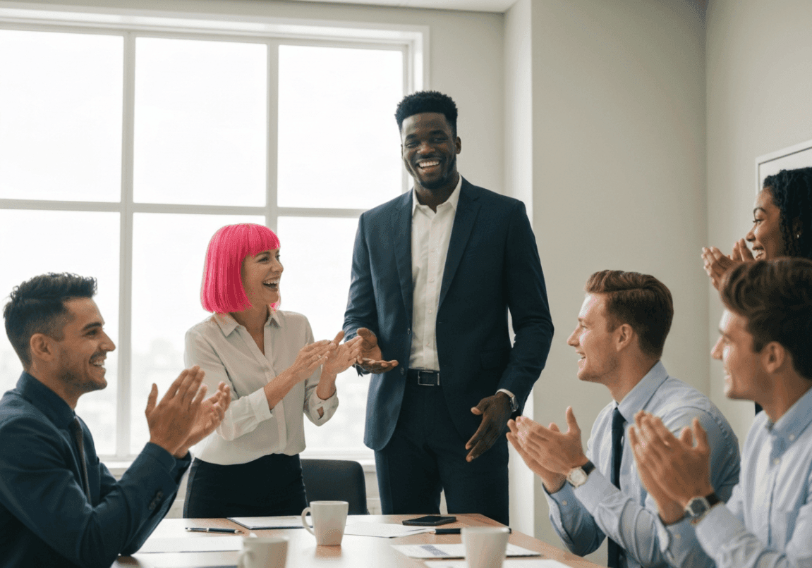 Group of businesspeople celebrating a team member's success in a conference room