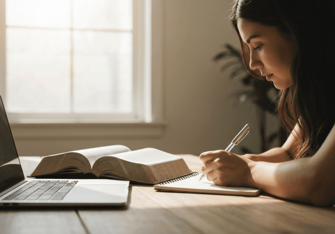 Open Bible with a laptop and notebook on a home office desk