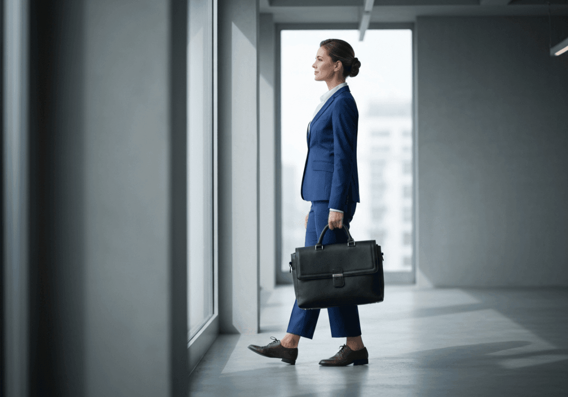 Calm businesswoman standing in a sunlit office, symbolizing confidence and assurance.