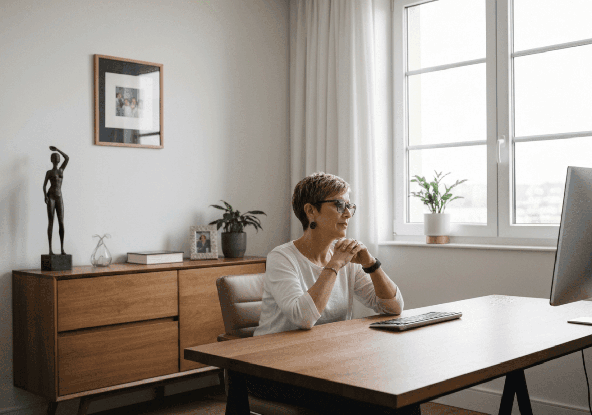 Entrepreneur praying at a desk in a home office, focusing on God's promises.