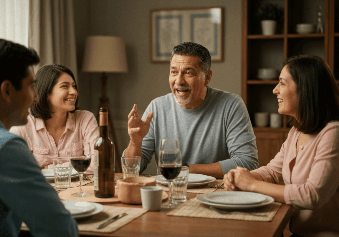 Multigenerational family sharing a meal, symbolizing enduring faithfulness.