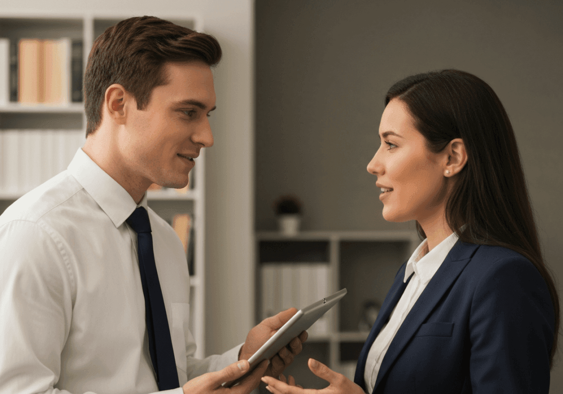 Two people discussing with a Bible in hand in a business setting.