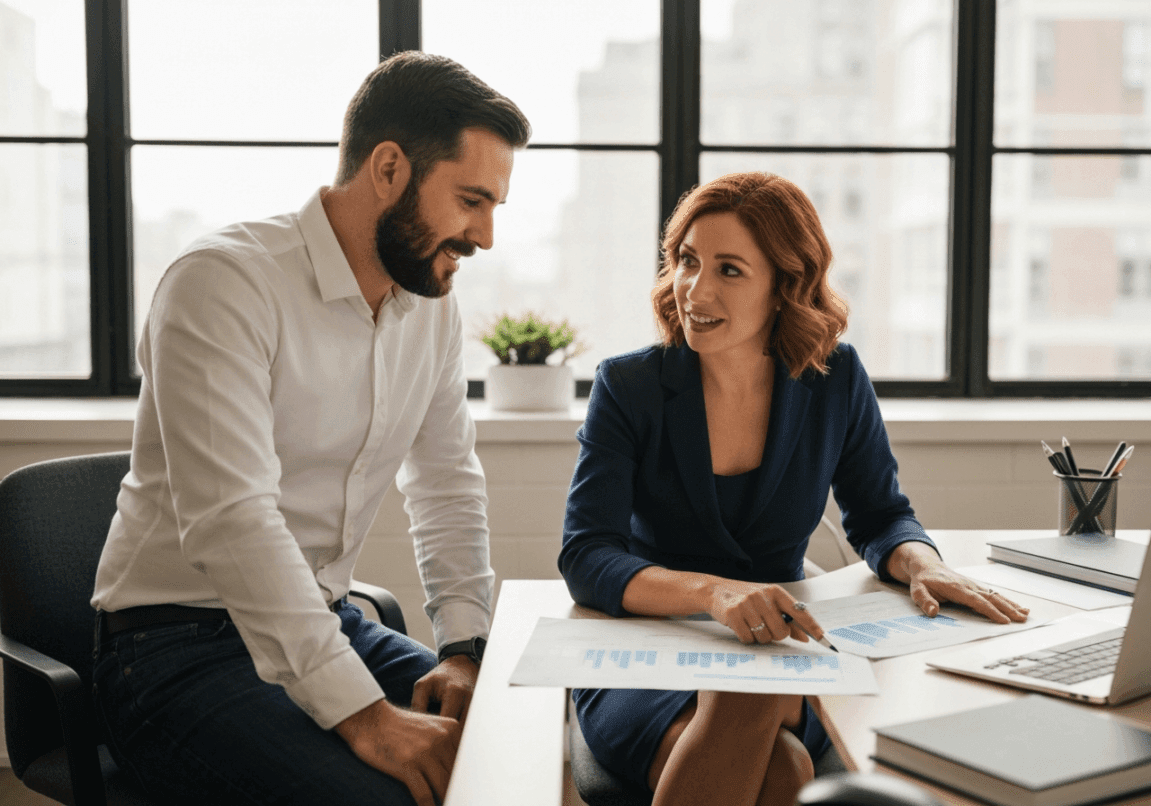 Christian entrepreneurs working thoughtfully in an office, embodying a sacred approach to work