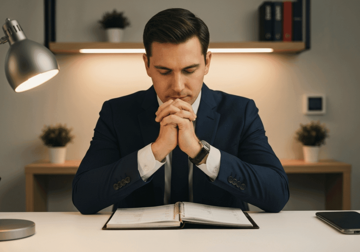Businessman in prayer at a desk before planning, emphasizing the role of prayer in decision-making