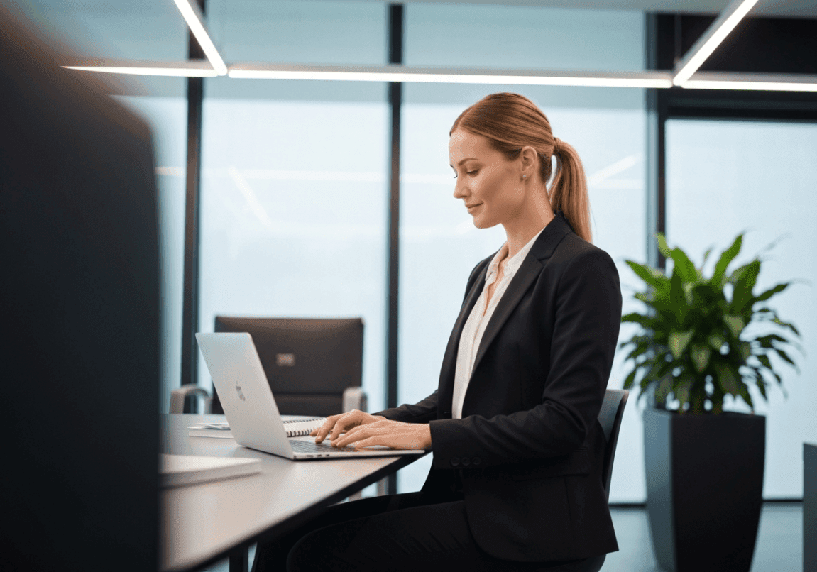 Woman in business attire reflecting peacefully by a window, symbolizing work-life balance