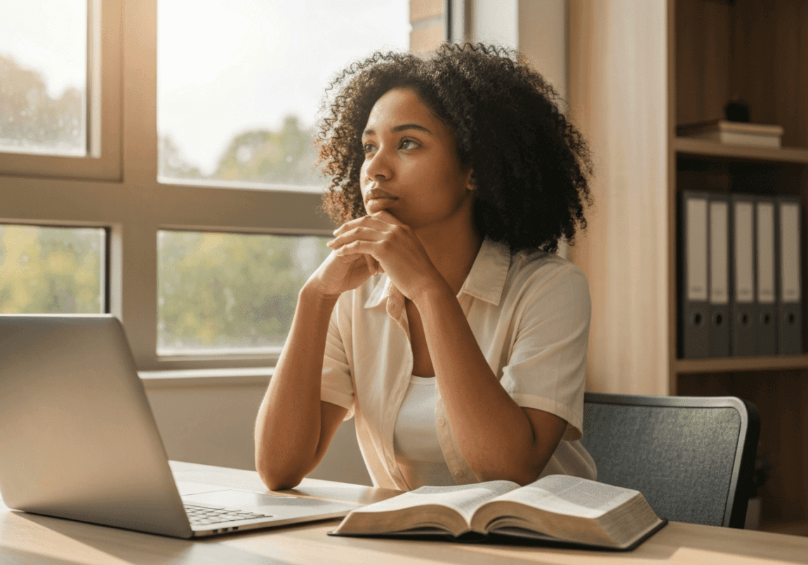 Reflective Christian entrepreneur at desk with Bible, exploring Godfidence concept
