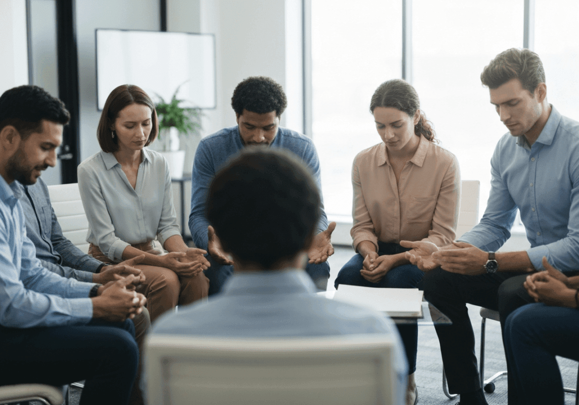 Christian professionals praying together, reinforcing identity through faith