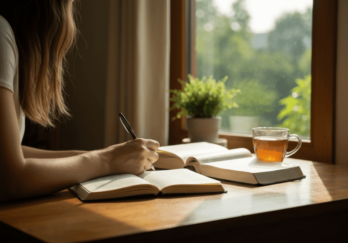 Person journaling with Bible, integrating scripture for confidence