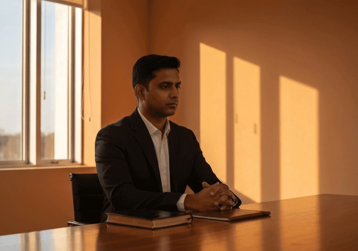 Business leader reflecting with a Bible and notebook in a peaceful setting.