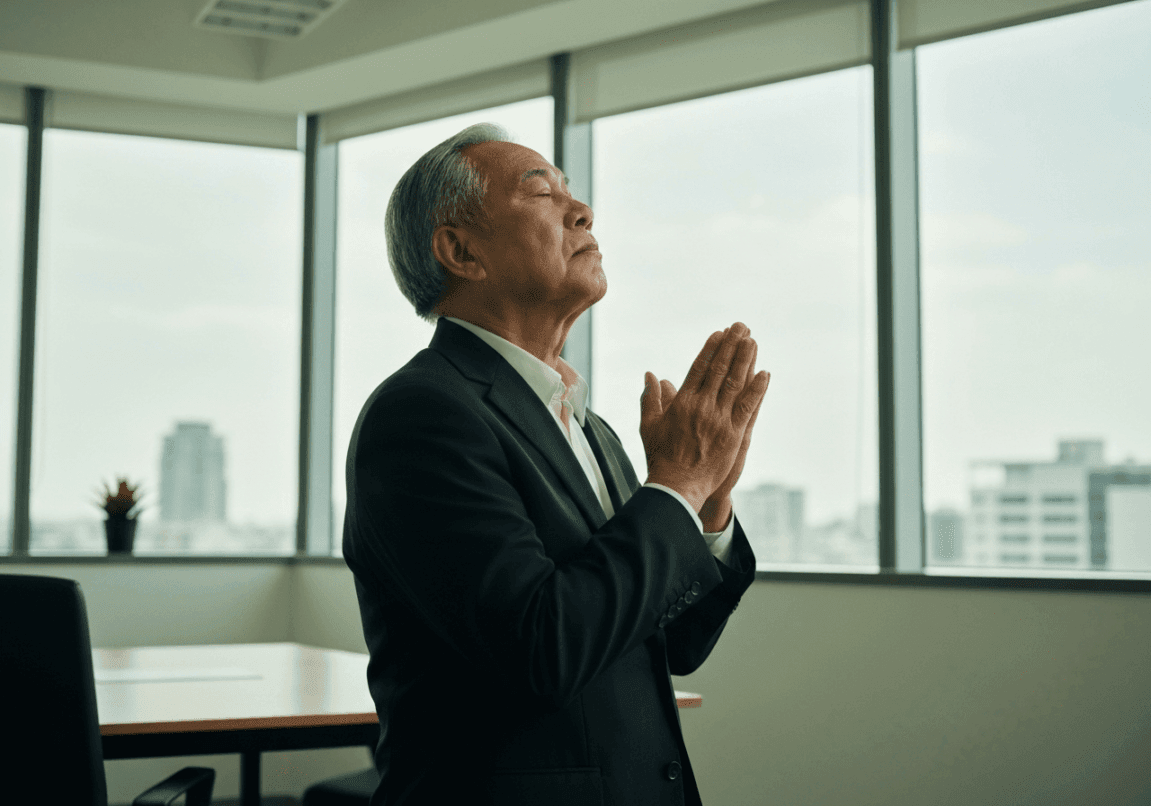 Elderly business leader praying with open hands in an office setting, symbolizing trust in divine guidance.