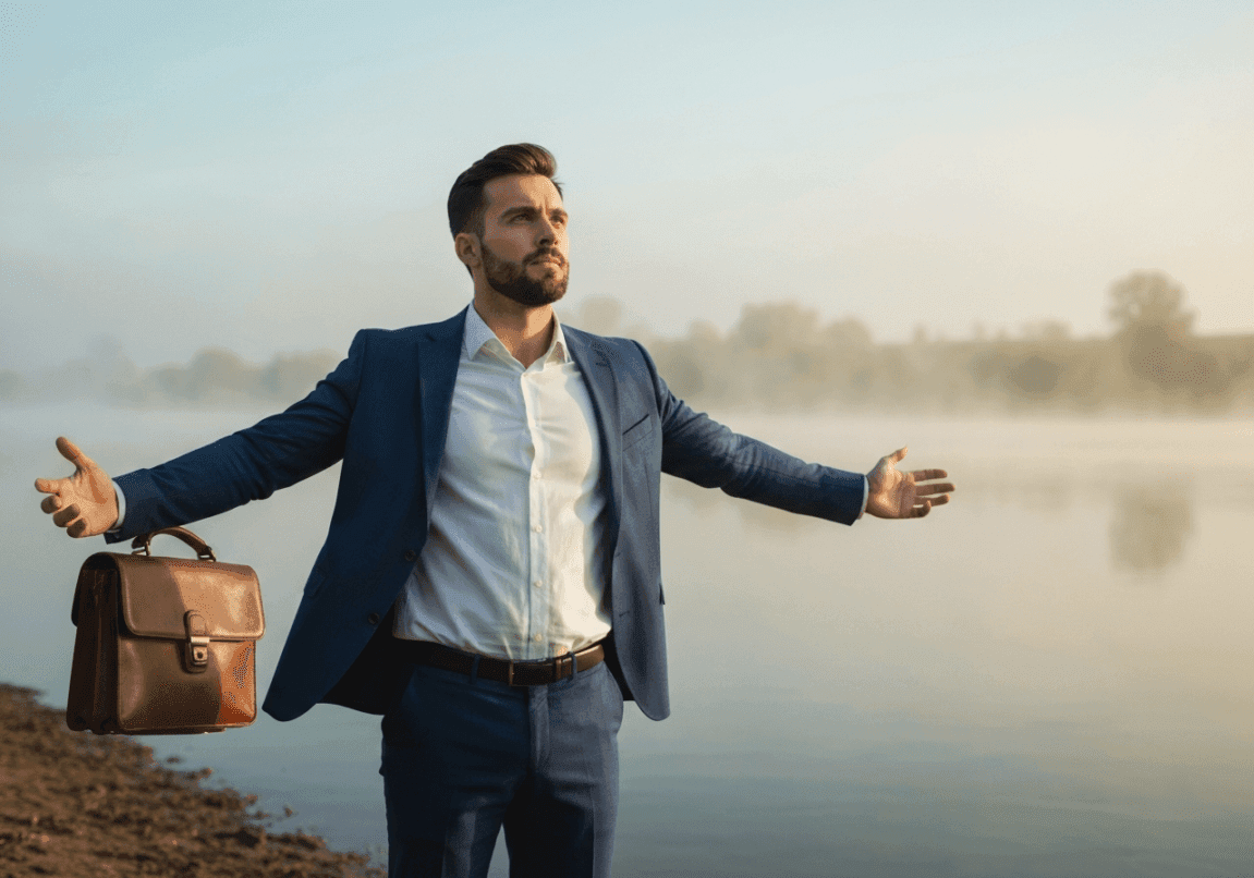 Confident young business leader with arms outstretched at a misty riverbank, reflecting leadership and trust.