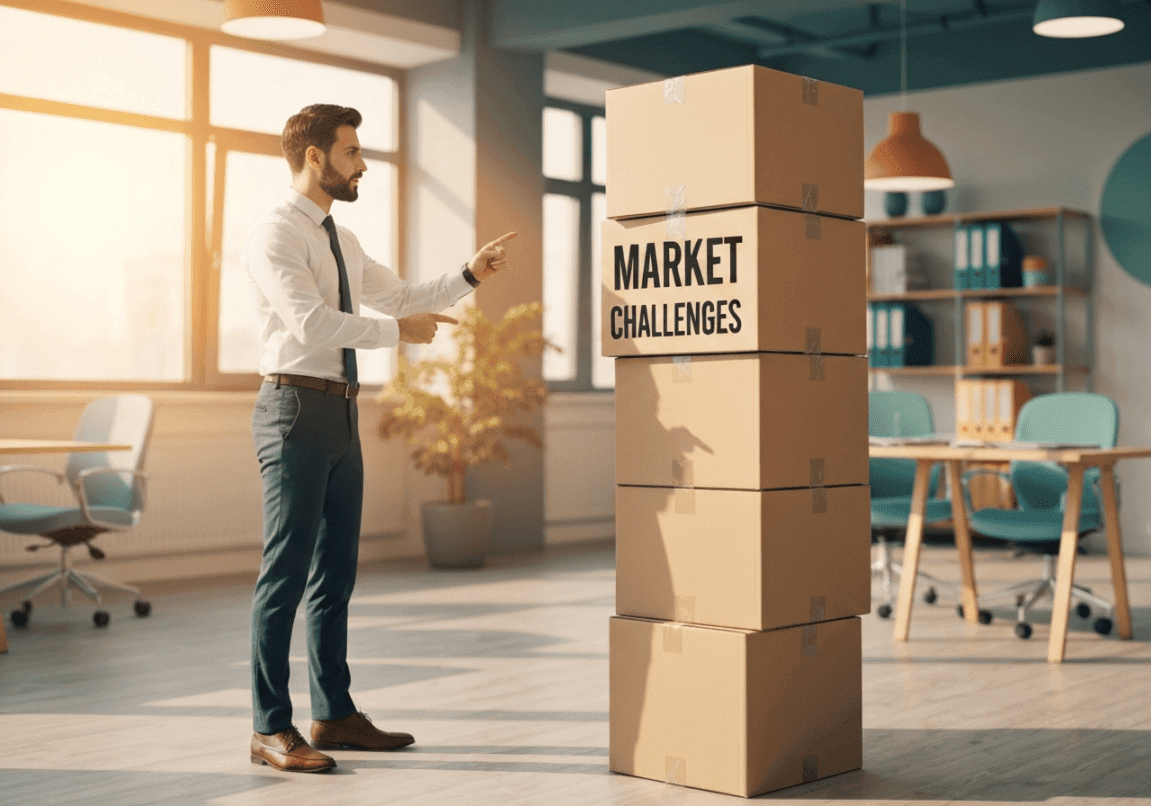 Determined entrepreneur confronts a towering stack of boxes labeled 'Market Challenges' in an office.