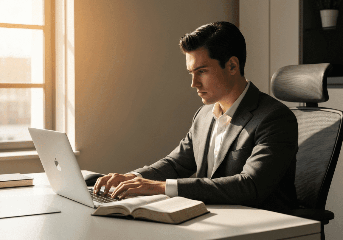 A person working diligently at a desk with an open Bible, symbolizing an excellent spirit.